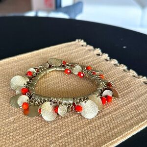 Gold disc & orange beaded dangle boho bracelet